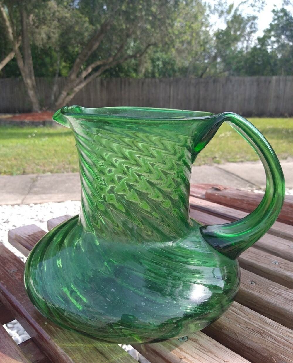 Vintage Hand Blown Large Green Glass Pitcher Ribbed 8.5" H